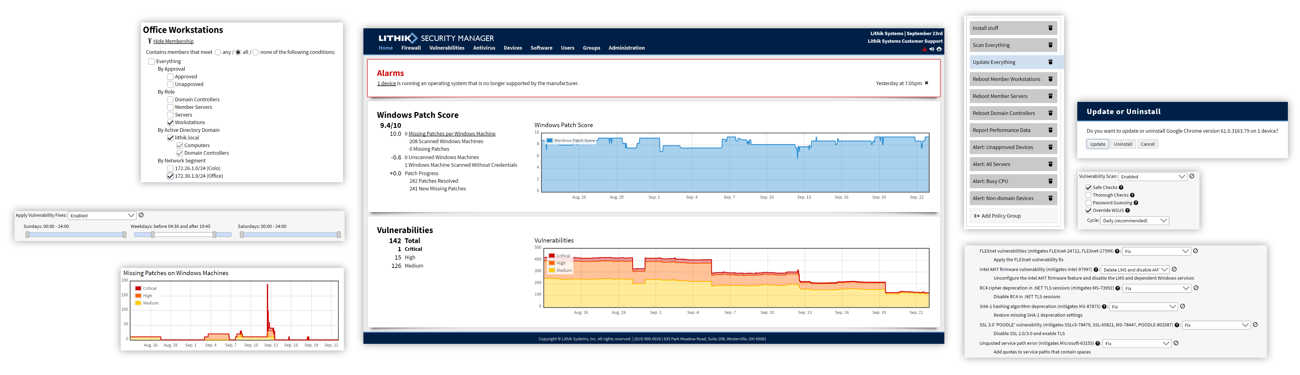 The Lithik Security Manager surrounded by snapshots of common tasks